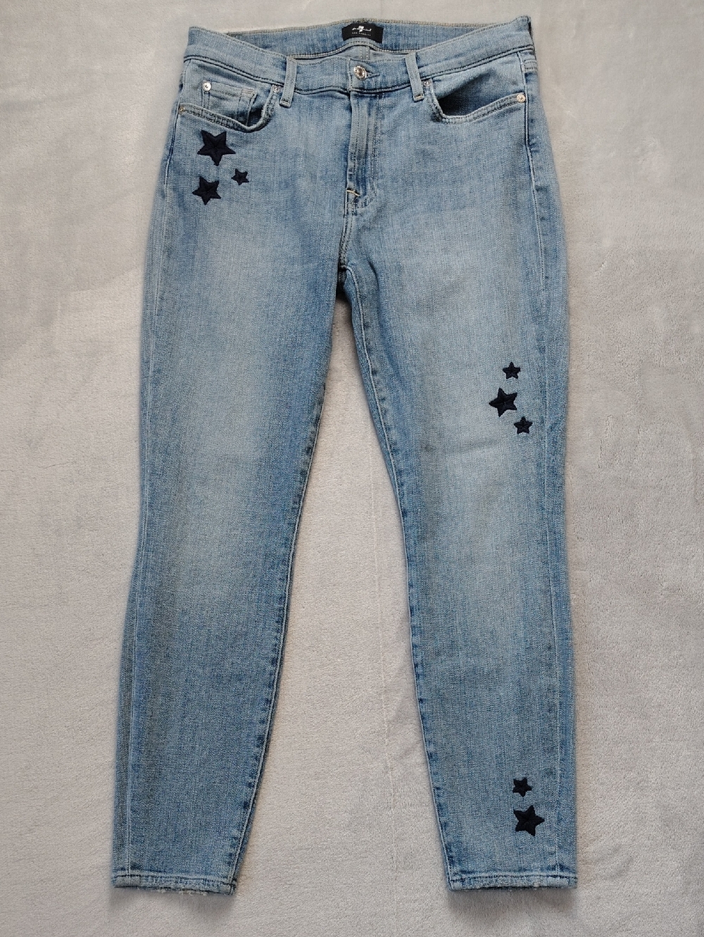 7 For All Mankind Trio Wash Denim Star Embroidered Ankle Skinny Jeans Size 30